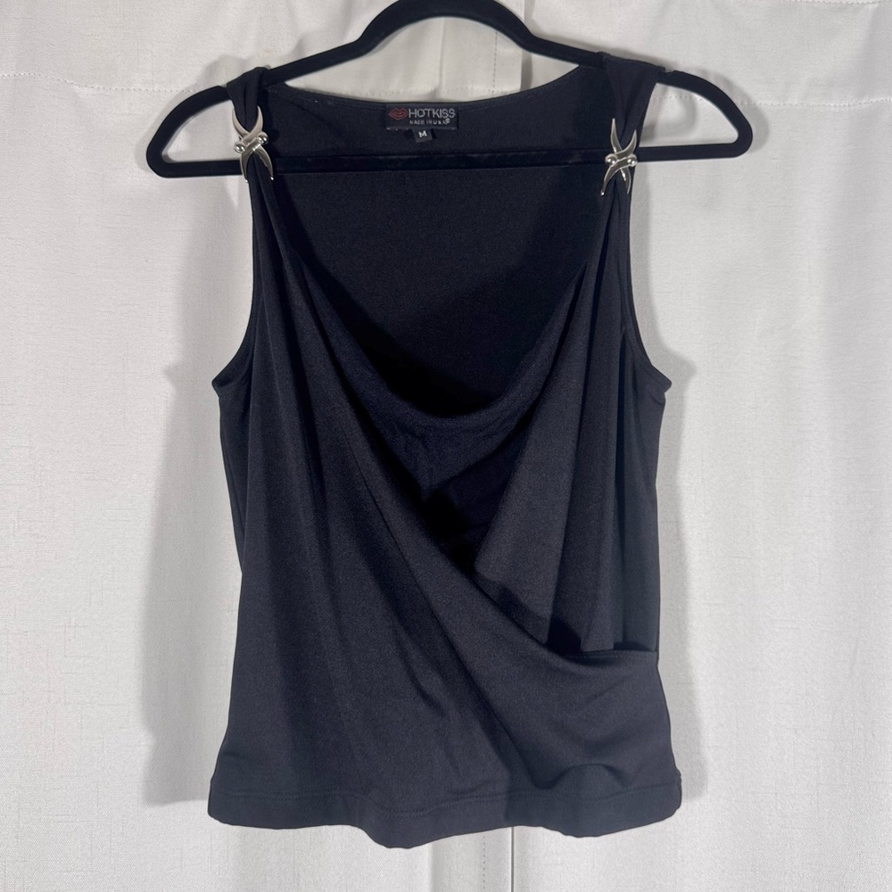 Vintage Hot Kiss Draped Black Top w/ Metal Strap Detail